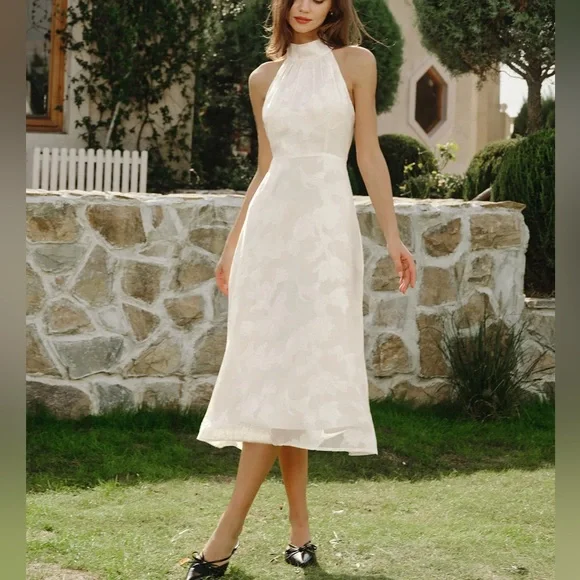 Rihoas Beige Halter Floral Midi Dresses - Picture 2 of 9